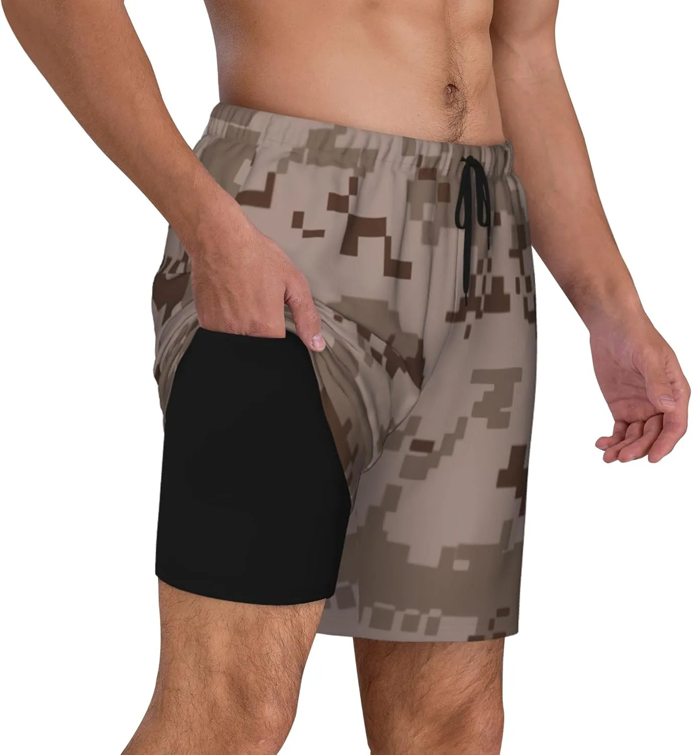 Desert Army Camouflage Mens Double Layer Swim Trunks Summer Casual Board Shorts