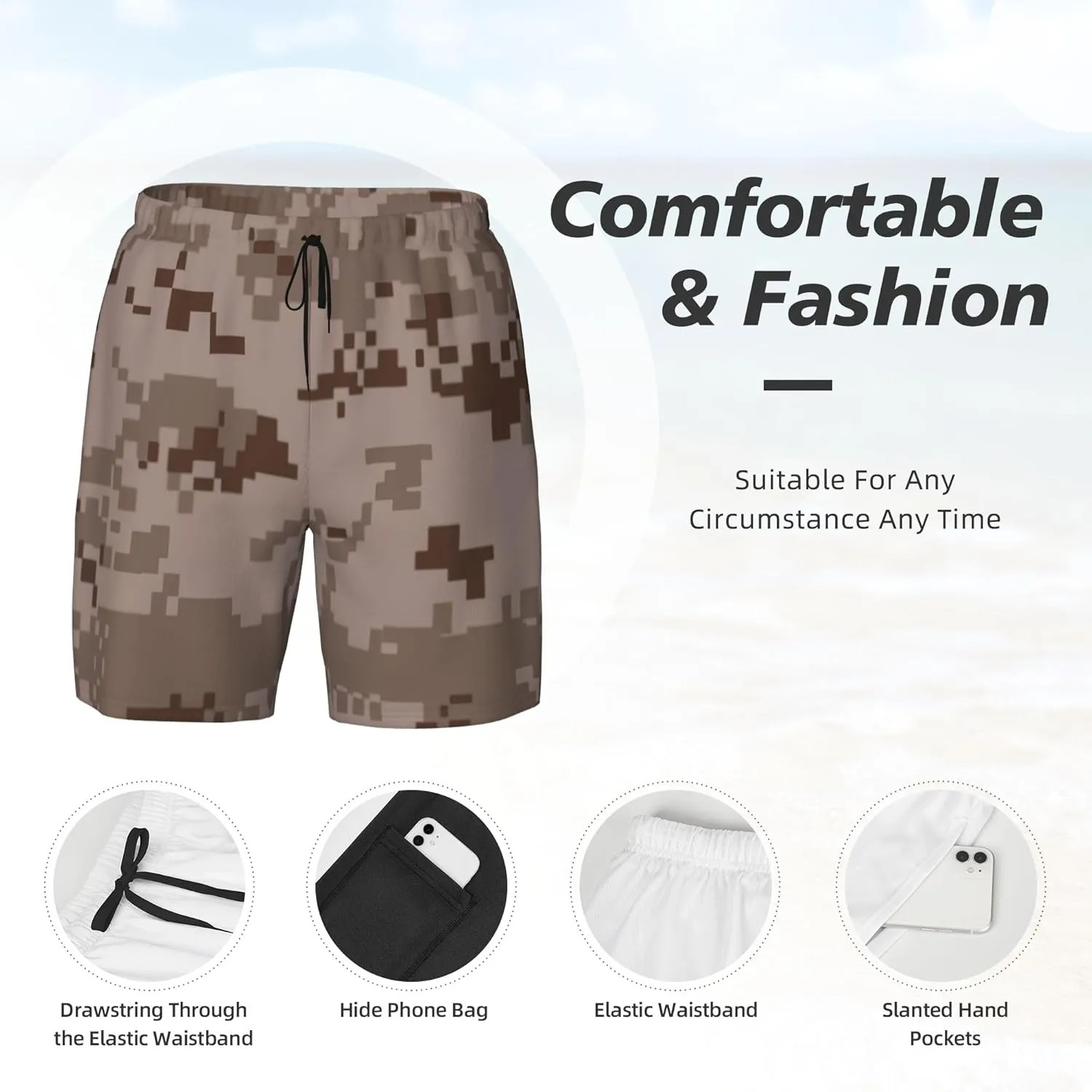 Desert Army Camouflage Mens Double Layer Swim Trunks Summer Casual Board Shorts