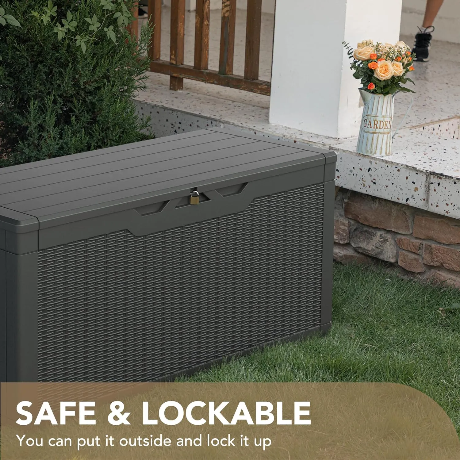 Devoko 100 Gallon Waterproof Large Resin Deck Box Indoor Outdoor Lockable Storage Container for Patio Furniture Cushions Garden Tools (100 Gallon, Grey)