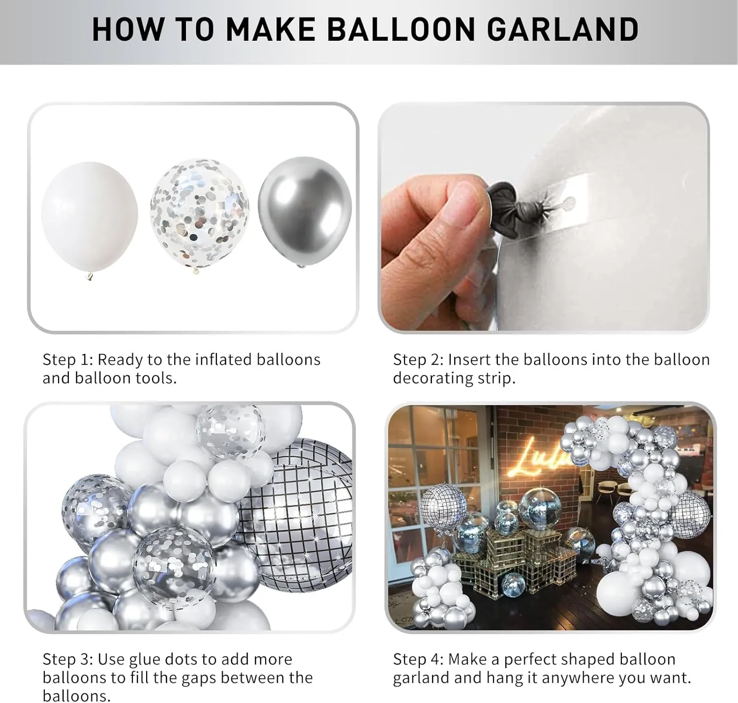 Disco Ball Arch Kit - White & Silver Balloons, Metallic Mirror Balls, Confetti for Disco Party Decor
