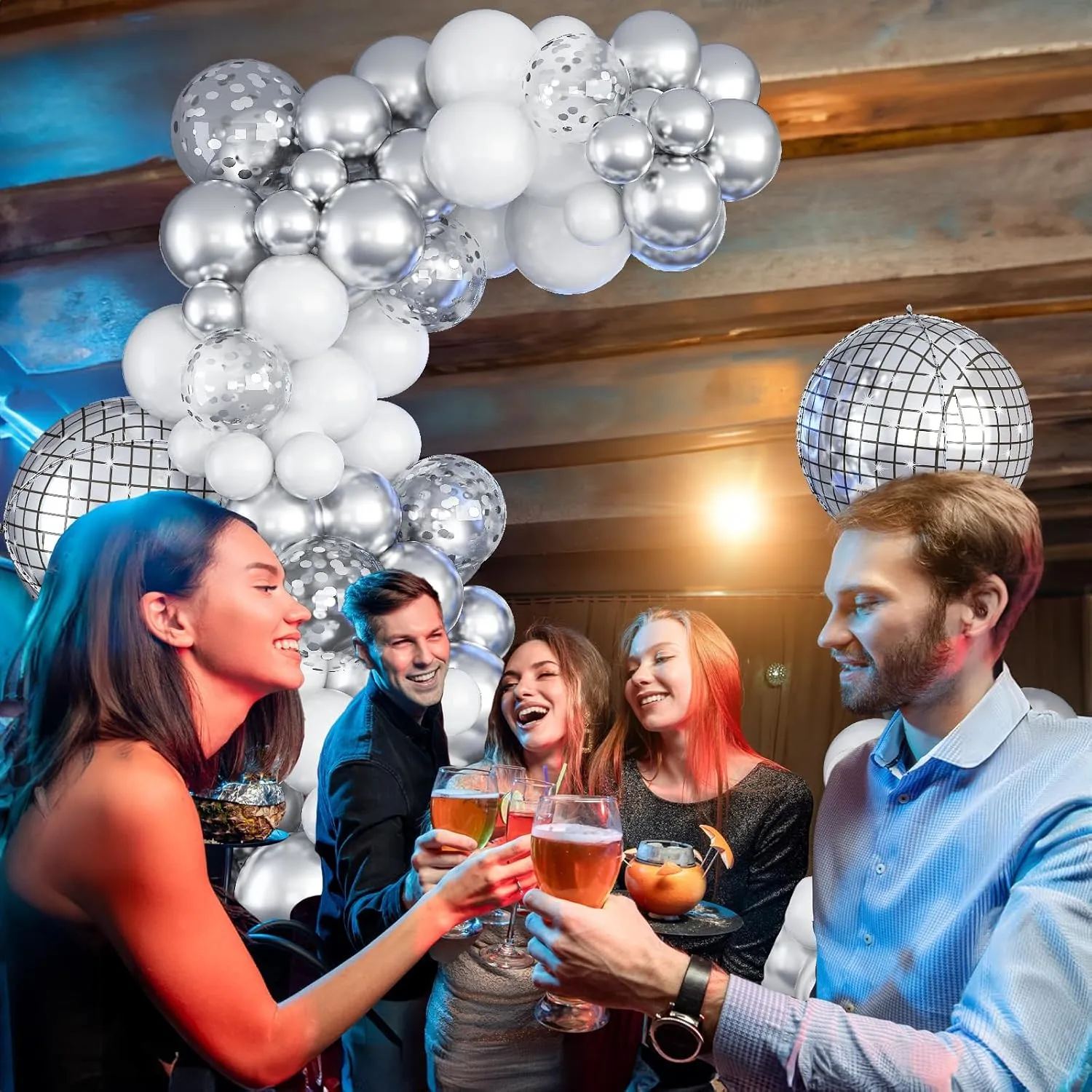 Disco Ball Arch Kit - White & Silver Balloons, Metallic Mirror Balls, Confetti for Disco Party Decor