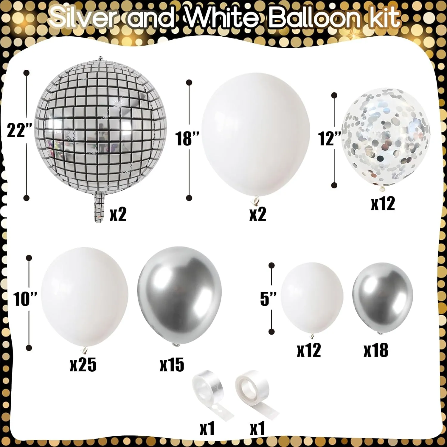 Disco Ball Arch Kit - White & Silver Balloons, Metallic Mirror Balls, Confetti for Disco Party Decor