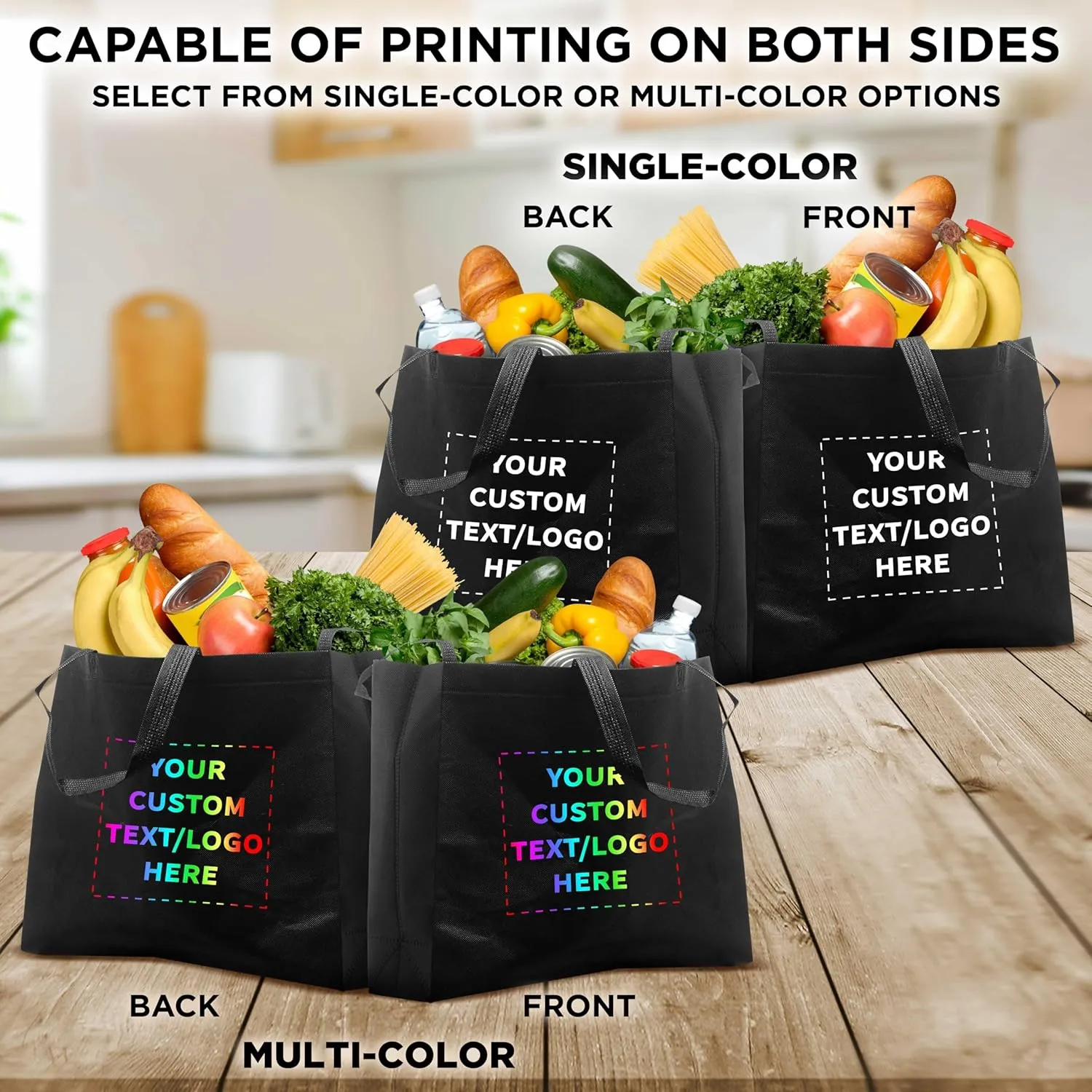 DISCOUNT PROMOS Custom Jumbo Sized Tote Bags Set of 50, Personalized Bulk Pack - Reusable Grocery Bags, Shopping Bags, Promotional Item Totes for Women - Black
