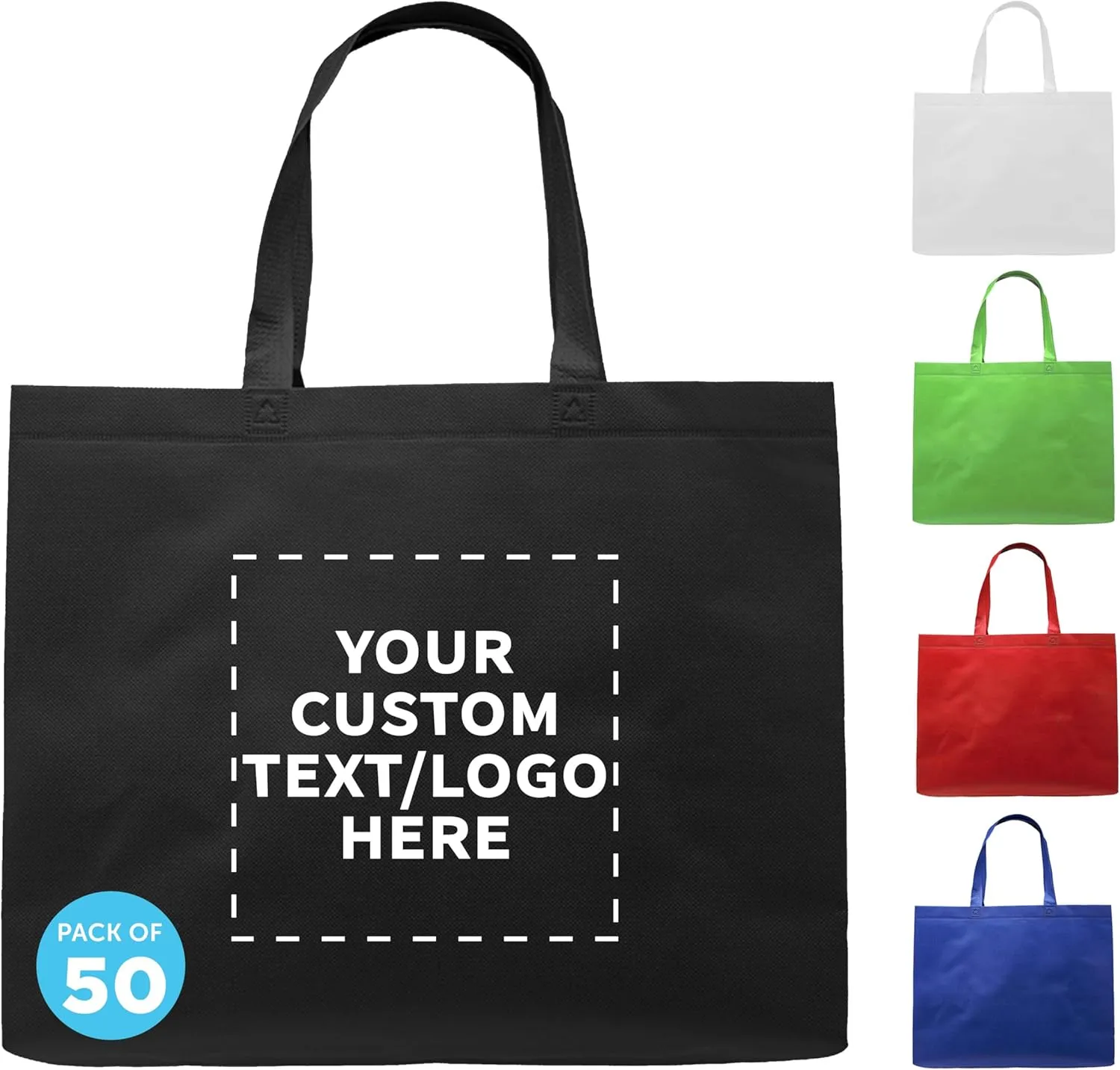 DISCOUNT PROMOS Custom Jumbo Sized Tote Bags Set of 50, Personalized Bulk Pack - Reusable Grocery Bags, Shopping Bags, Promotional Item Totes for Women - Black