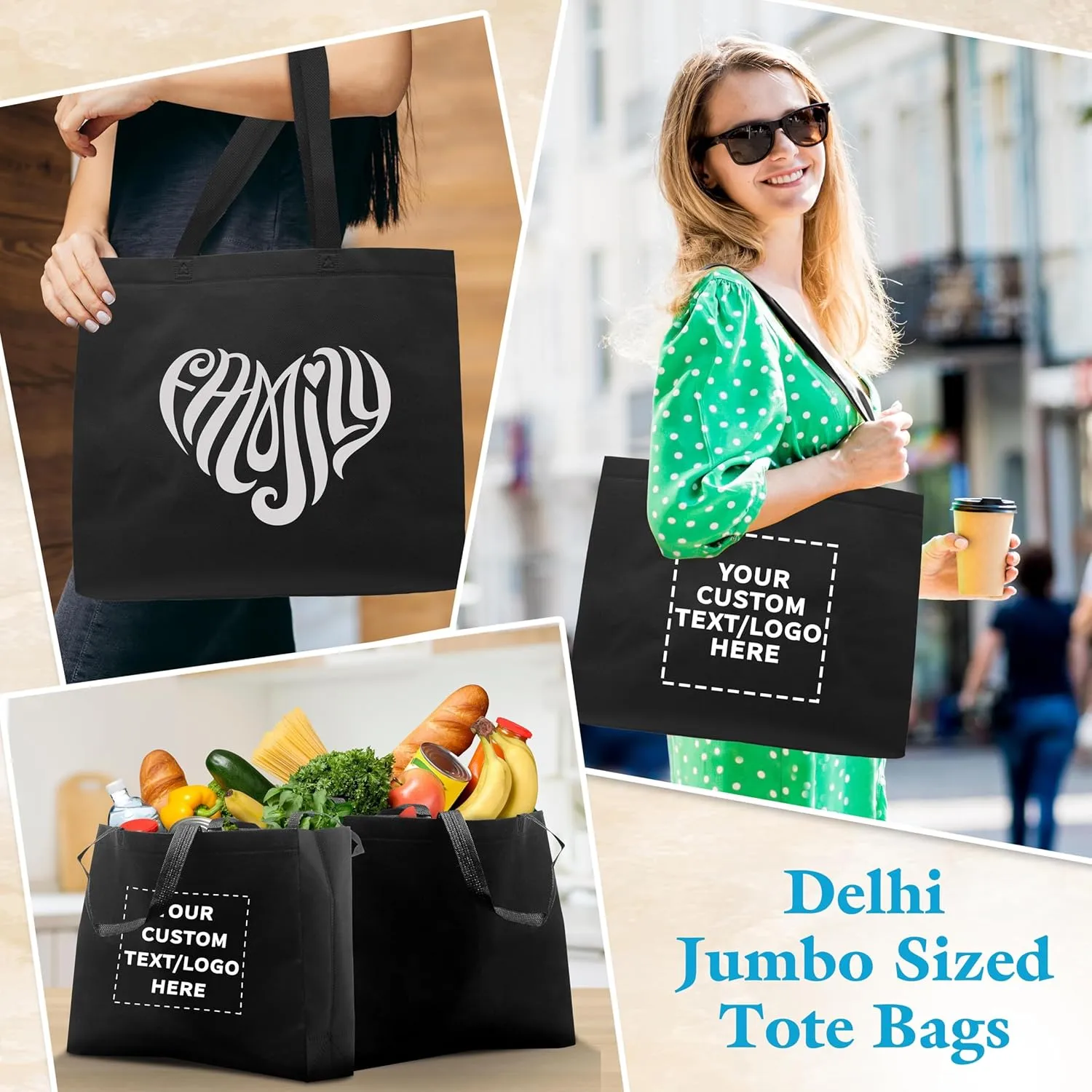 DISCOUNT PROMOS Custom Jumbo Sized Tote Bags Set of 50, Personalized Bulk Pack - Reusable Grocery Bags, Shopping Bags, Promotional Item Totes for Women - Black