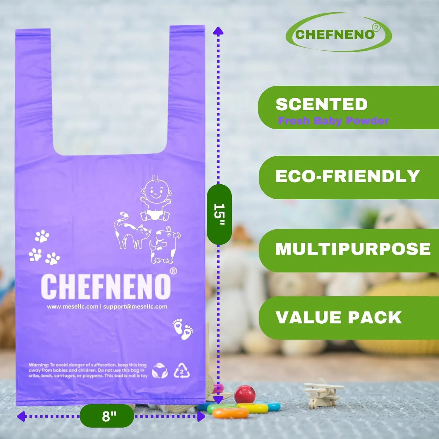 Disposable Baby Diaper Bags (500 Bags) Fresh Powder Scented Easy Tie Handles epi Eco-Friendly Diaper Disposable Sacks Dog Poop Bags Cat Litter Waste Bags (Fresh Powder, 500 ct.)
