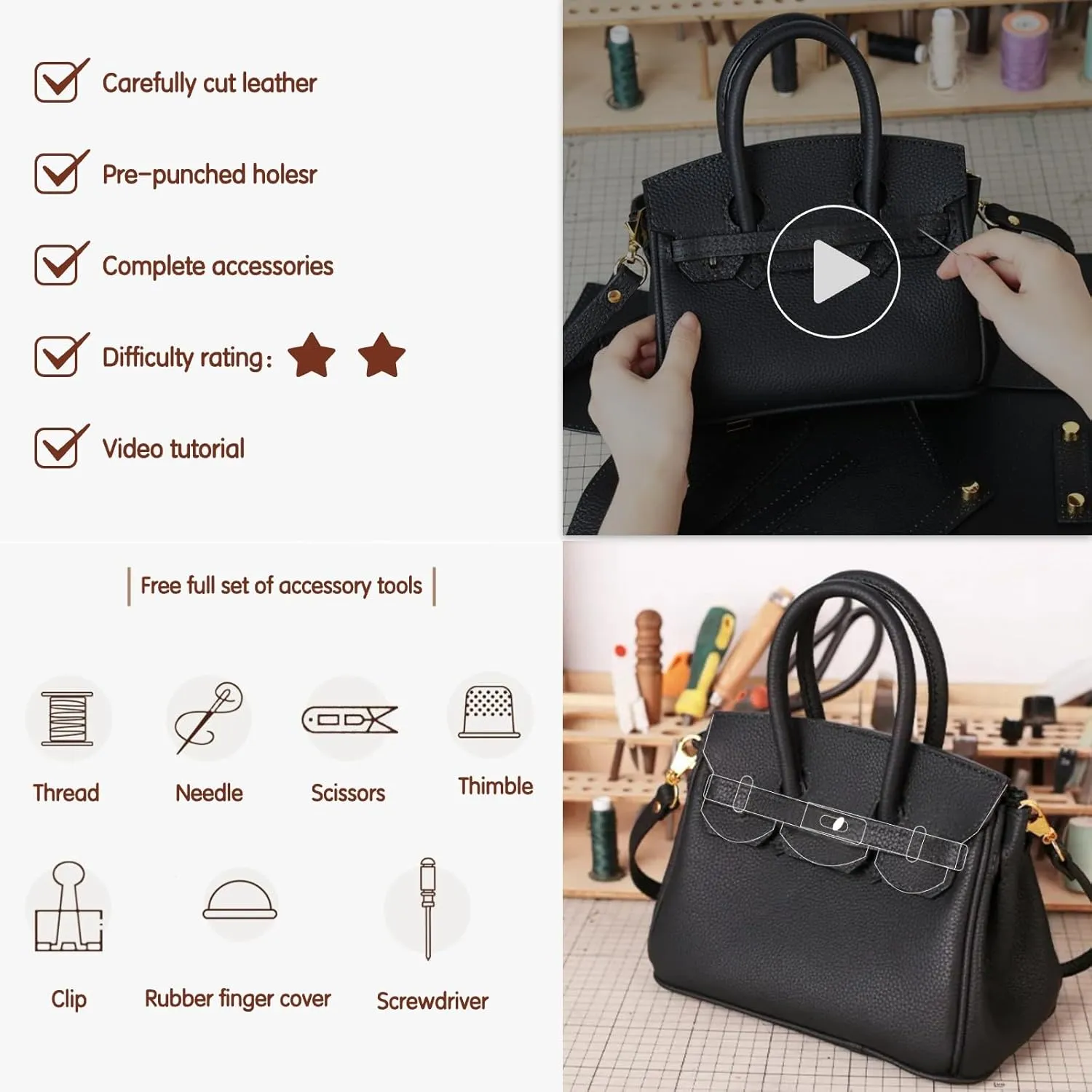DIY Full-Grain Leather Crossbody Bag Kit, Personalized Designer Handbag for Women, Perfect Holiday Gift, Handmade Shoulder Bag Sewing Kit for Ladies. (Brown)