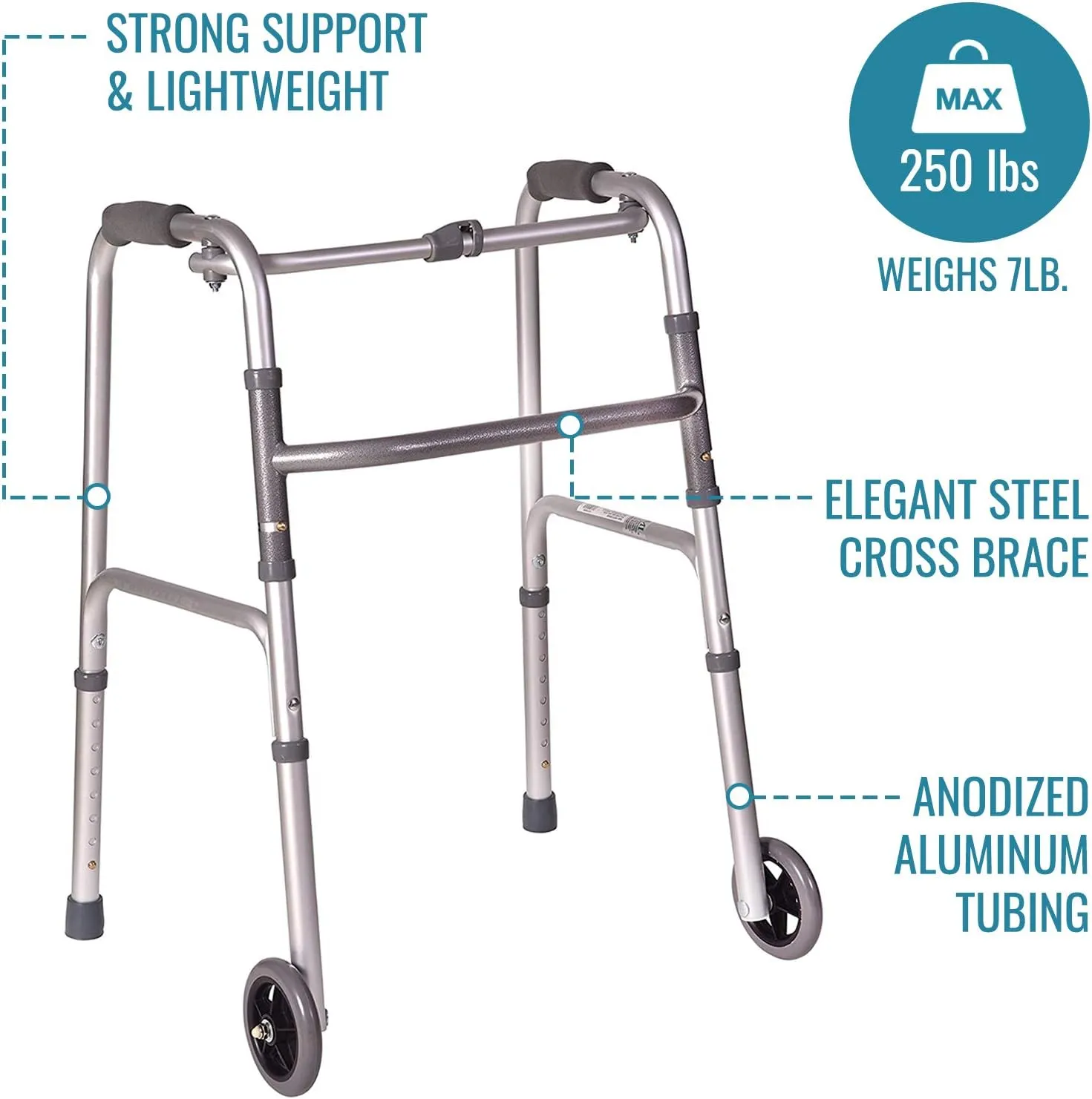 DMI Lightweight Aluminum Folding Walker with Single Release, 5 Inch Wheels, Adjustable Height, No Assembly Needed, Silver, 250 lb Weight Capacity