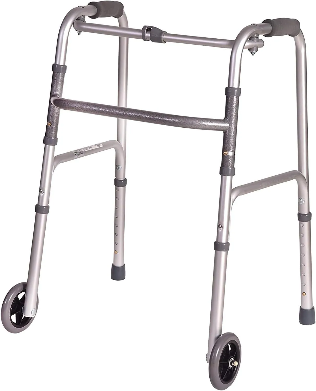 DMI Lightweight Aluminum Folding Walker with Single Release, 5 Inch Wheels, Adjustable Height, No Assembly Needed, Silver, 250 lb Weight Capacity