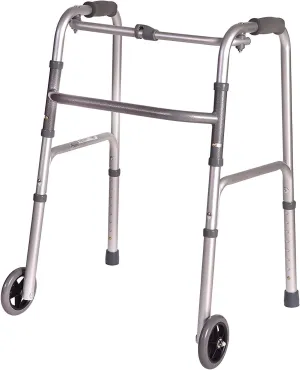 DMI Lightweight Aluminum Folding Walker with Single Release, 5 Inch Wheels, Adjustable Height, No Assembly Needed, Silver, 250 lb Weight Capacity