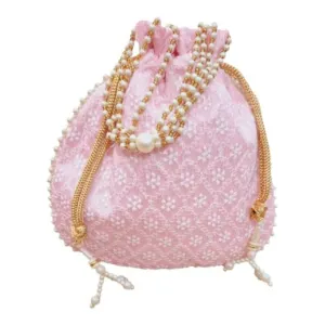 DMS RETAIL Chikankari Raw Silk drawstring Rajasthani Style Potli bags, Royal Clutch, Bridal Purse for Wedding, Batwa Bag, Shagun Potli Purse for Women, Potli bag for ladies return gift (BABY PINK)