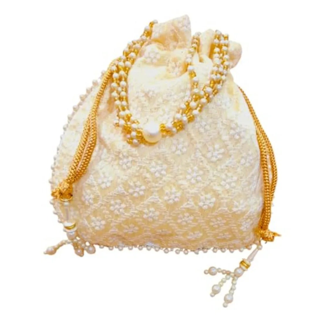 DMS RETAIL Chikankari Raw Silk drawstring Rajasthani Style Potli bags, Royal Clutch, Bridal Purse for Wedding, Batwa Bag, Shagun Potli Purse for Women, Potli bag for ladies return gift (OFF WHITE)