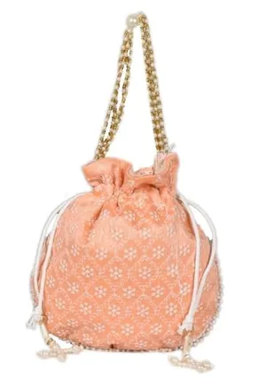 DMS RETAIL Chikankari Raw Silk drawstring Rajasthani Style Potli bags, Royal Clutch, Bridal Purse for Wedding, Batwa Bag, Shagun Potli Purse for Women, Potli bag for ladies return gift (ORANGE)