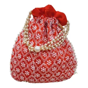 DMS RETAIL Chikankari Raw Silk drawstring Rajasthani Style Potli bags, Royal Clutch, Bridal Purse for Wedding, Batwa Bag, Shagun Potli Purse for Women, Potli bag for ladies return gift (RED)
