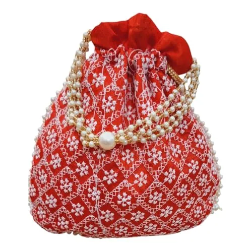 DMS RETAIL Chikankari Raw Silk drawstring Rajasthani Style Potli bags, Royal Clutch, Bridal Purse for Wedding, Batwa Bag, Shagun Potli Purse for Women, Potli bag for ladies return gift (RED)