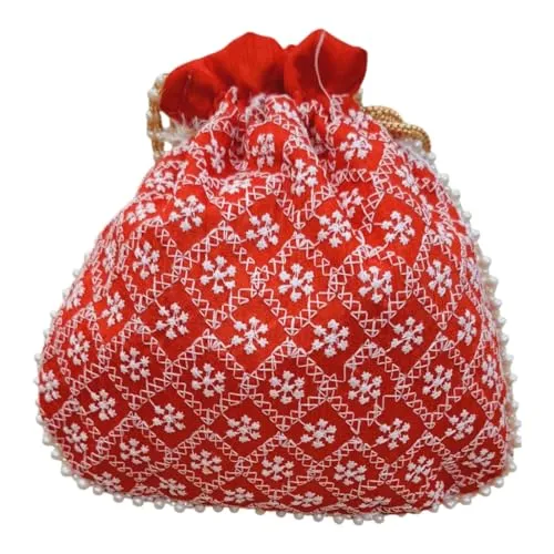DMS RETAIL Chikankari Raw Silk drawstring Rajasthani Style Potli bags, Royal Clutch, Bridal Purse for Wedding, Batwa Bag, Shagun Potli Purse for Women, Potli bag for ladies return gift (RED)
