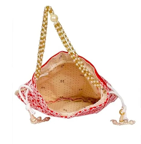 DMS RETAIL Chikankari Raw Silk drawstring Rajasthani Style Potli bags, Royal Clutch, Bridal Purse for Wedding, Batwa Bag, Shagun Potli Purse for Women, Potli bag for ladies return gift (RED)