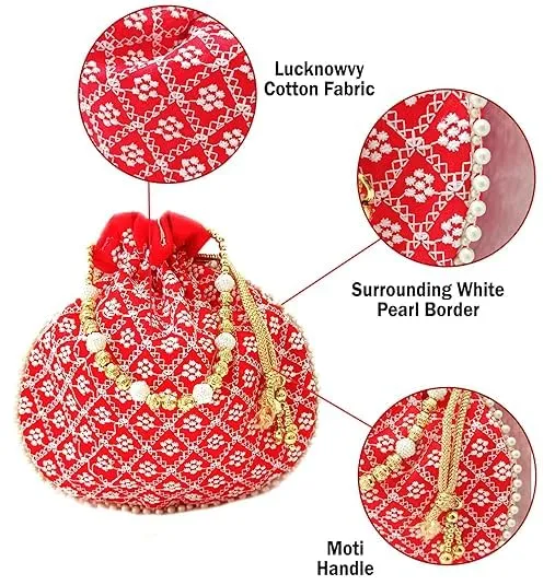 DMS RETAIL Chikankari Raw Silk drawstring Rajasthani Style Potli bags, Royal Clutch, Bridal Purse for Wedding, Batwa Bag, Shagun Potli Purse for Women, Potli bag for ladies return gift (RED)