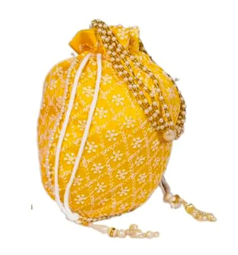 DMS RETAIL Chikankari Raw Silk drawstring Rajasthani Style Potli bags, Royal Clutch, Bridal Purse for Wedding, Batwa Bag, Shagun Potli Purse for Women, Potli bag for ladies return gift (YELLOW)