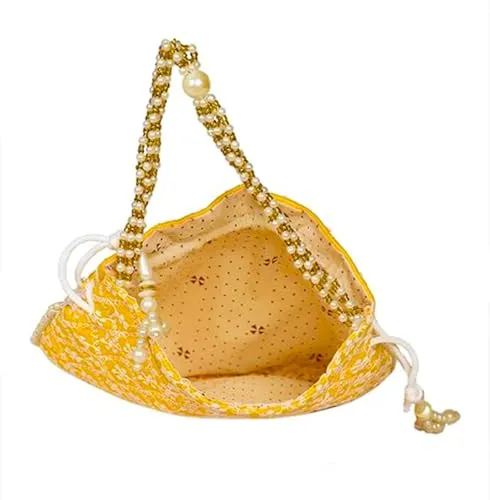 DMS RETAIL Chikankari Raw Silk drawstring Rajasthani Style Potli bags, Royal Clutch, Bridal Purse for Wedding, Batwa Bag, Shagun Potli Purse for Women, Potli bag for ladies return gift (YELLOW)
