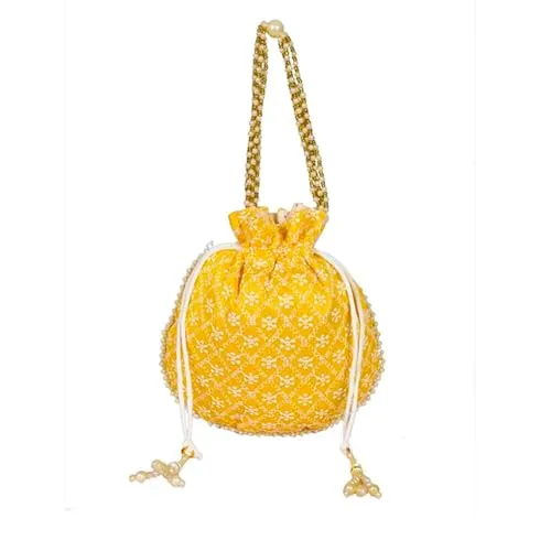DMS RETAIL Chikankari Raw Silk drawstring Rajasthani Style Potli bags, Royal Clutch, Bridal Purse for Wedding, Batwa Bag, Shagun Potli Purse for Women, Potli bag for ladies return gift (YELLOW)