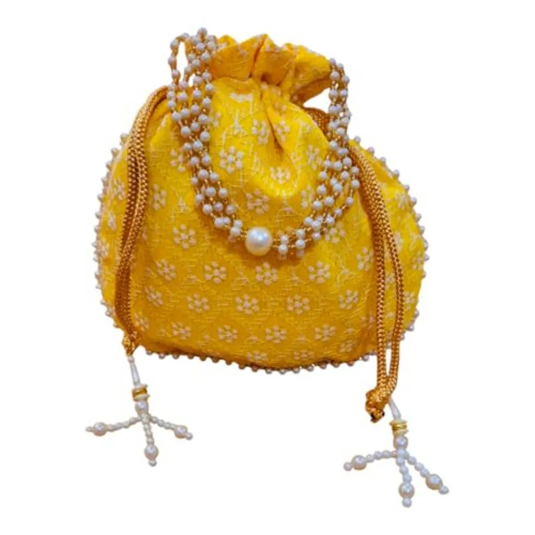 DMS RETAIL Chikankari Raw Silk drawstring Rajasthani Style Potli bags, Royal Clutch, Bridal Purse for Wedding, Batwa Bag, Shagun Potli Purse for Women, Potli bag for ladies return gift (YELLOW)