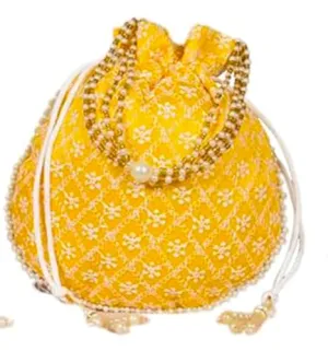 DMS RETAIL Chikankari Raw Silk drawstring Rajasthani Style Potli bags, Royal Clutch, Bridal Purse for Wedding, Batwa Bag, Shagun Potli Purse for Women, Potli bag for ladies return gift (YELLOW)