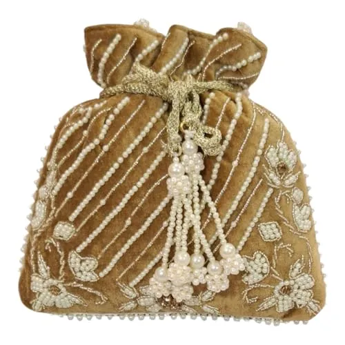 DMS RETAIL Handcrafted with Pearl Handle and Tassels | Embroidered Bridal Clutch for Weddings, Parties, and Gifting | Elegant Drawstring Potli for Women (BROWN)