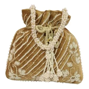 DMS RETAIL Handcrafted with Pearl Handle and Tassels | Embroidered Bridal Clutch for Weddings, Parties, and Gifting | Elegant Drawstring Potli for Women (BROWN)