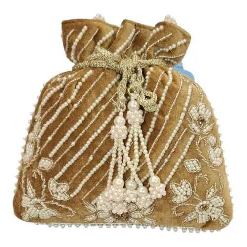 DMS RETAIL Handcrafted with Pearl Handle and Tassels | Embroidered Bridal Clutch for Weddings, Parties, and Gifting | Elegant Drawstring Potli for Women (BROWN)