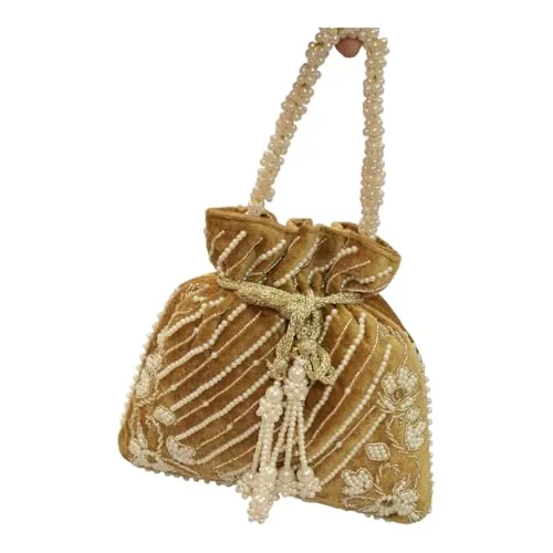 DMS RETAIL Handcrafted with Pearl Handle and Tassels | Embroidered Bridal Clutch for Weddings, Parties, and Gifting | Elegant Drawstring Potli for Women (BROWN)