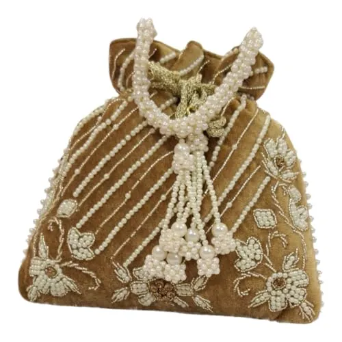DMS RETAIL Handcrafted with Pearl Handle and Tassels | Embroidered Bridal Clutch for Weddings, Parties, and Gifting | Elegant Drawstring Potli for Women (BROWN)