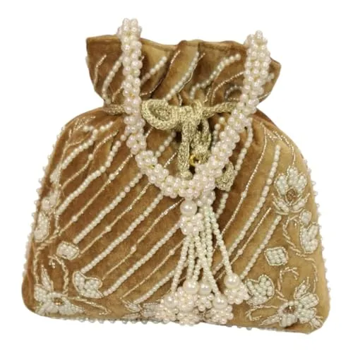 DMS RETAIL Handcrafted with Pearl Handle and Tassels | Embroidered Bridal Clutch for Weddings, Parties, and Gifting | Elegant Drawstring Potli for Women (BROWN)