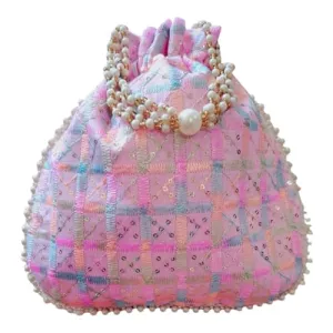 DMS RETAIL Handmade Checked Embroidery Potli | Embellished Satin Wristlet Bag for Women & Girls | Batwa Wallet | Clutch Bags for Return Gifts | Drawstring Closure Potli (PINK)