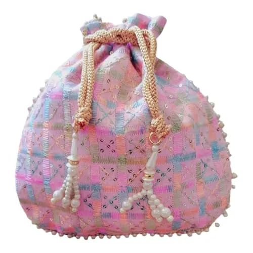 DMS RETAIL Handmade Checked Embroidery Potli | Embellished Satin Wristlet Bag for Women & Girls | Batwa Wallet | Clutch Bags for Return Gifts | Drawstring Closure Potli (PINK)