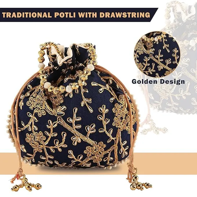 DMS RETAIL Potli Bags for Ladies & Girls | Shagun Pouches for Festive Seasons | Embroidery Bridal Purse - Return Gift Potlis