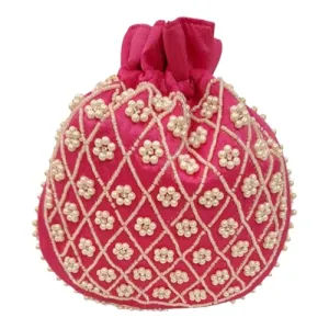 DMS RETAIL Potli | Beadwork Pear Wedding Potli | Beads Handle Potli | Wallet Potli | Christmas Gift Potli | Baby Shower Potli | Lucknowi Potli | Embroidery Potli (PINK)