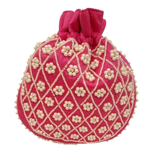DMS RETAIL Potli | Beadwork Pear Wedding Potli | Beads Handle Potli | Wallet Potli | Christmas Gift Potli | Baby Shower Potli | Lucknowi Potli | Embroidery Potli (PINK)