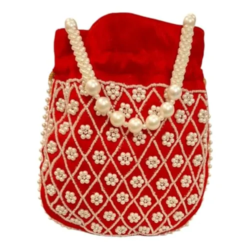 DMS RETAIL Potli | Beadwork Pear Wedding Potli | Beads Handle Potli | Wallet Potli | Christmas Gift Potli | Baby Shower Potli | Lucknowi Potli | Embroidery Potli (RED)