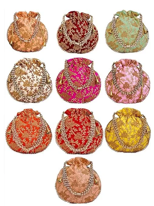 DMS RETAIL Rajasthani Look Women's Fashion Handmade Handbag Wristlets Ethnic Bridal Potli Batwa Bag Combo Pack of (Pack Of 4)