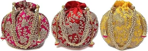 DMS RETAIL Rajasthani Look Women's Fashion Handmade Handbag Wristlets Ethnic Bridal Potli Batwa Bag Combo Pack of (Pack Of 4)