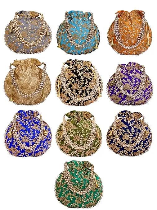 DMS RETAIL Rajasthani Look Women's Fashion Handmade Handbag Wristlets Ethnic Bridal Potli Batwa Bag Combo Pack of (Pack Of 4)