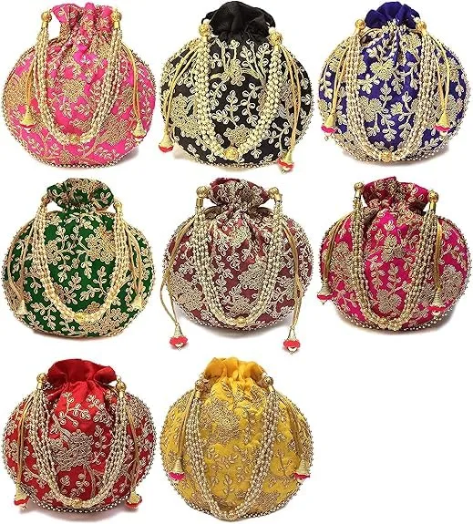 DMS RETAIL Rajasthani Look Women's Fashion Handmade Handbag Wristlets Ethnic Bridal Potli Batwa Bag Combo Pack of (Pack Of 4)