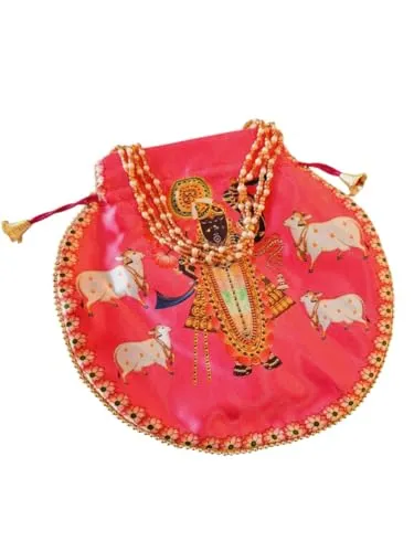 DMS RETAIL Shrinathji Digital Print Potli Bags for Gift, Shagun Potlis, Traditional Purse for Ladies, Potli Pouches with Pearl Handle, Shagun Potlis for Housewarming