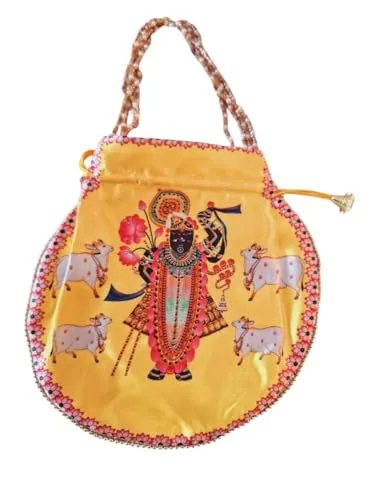 DMS RETAIL Shrinathji Digital Print Potli Bags for Gift, Shagun Potlis, Traditional Purse for Ladies, Potli Pouches with Pearl Handle, Shagun Potlis for Housewarming