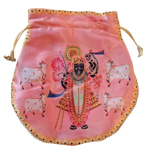 DMS RETAIL Shrinathji Digital Print Potli Bags for Gift, Shagun Potlis, Traditional Purse for Ladies, Potli Pouches with Pearl Handle, Shagun Potlis for Housewarming