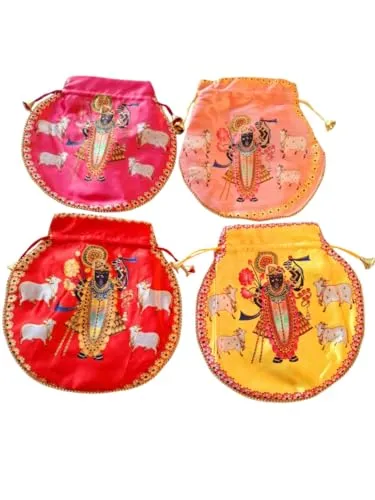 DMS RETAIL Shrinathji Digital Print Potli Bags for Gift, Shagun Potlis, Traditional Purse for Ladies, Potli Pouches with Pearl Handle, Shagun Potlis for Housewarming