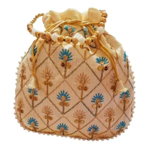 DMS RETAIL Women's Embroidered Potli | Ladies Purse Handbag Purses for Women,Wedding, Housewarming, Corporate Gifts, Anniversary Baby Shower Return Gifts (BLUE)