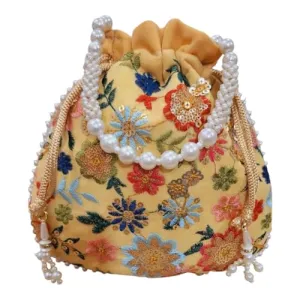 DMS RETAIL Women's Embroidered Potli With Pearl Drawstring | Ladies Purse Handbag Purses for Women,Wedding, Housewarming, Corporate Gifts, Anniversary Baby Shower Return Gifts (GOLDEN)