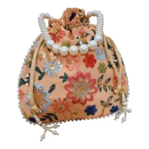 DMS RETAIL Women's Embroidered Potli With Pearl Drawstring | Ladies Purse Handbag Purses for Women,Wedding, Housewarming, Corporate Gifts, Anniversary Baby Shower Return Gifts (PEACH)